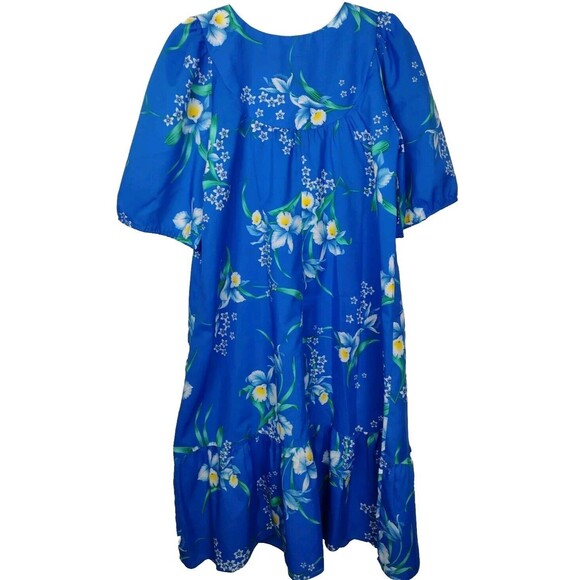 Hukilau Fashions Womens Mumu Tropical Hawaiian Dress Vibrant Blue Floral L Vtg - Picture 4 of 16